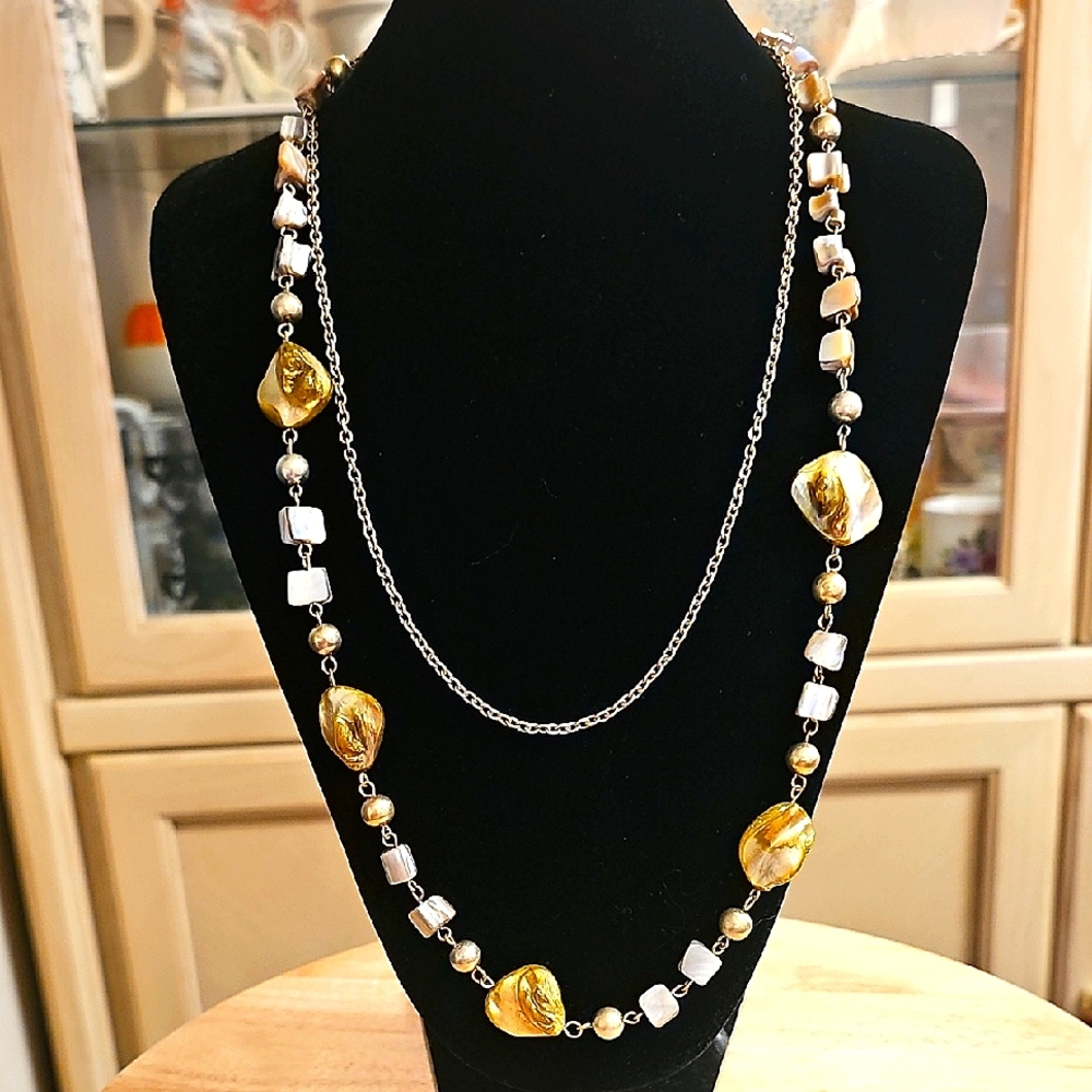 Assorted MOP Shell and Goldtone Chain 2 Layered Long Necklace